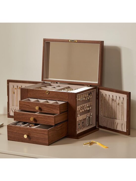 Other - Black Walnut 4Layer C Wooden Jewelry Box for Women with 2 Side Door & Mirror